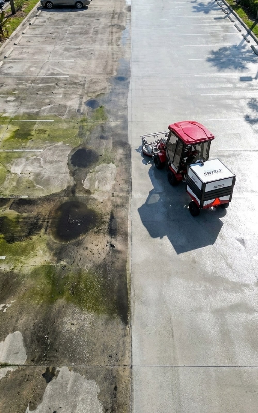 Overhead view of a commercial property with clean pedestrian walkways connecting the building and lot