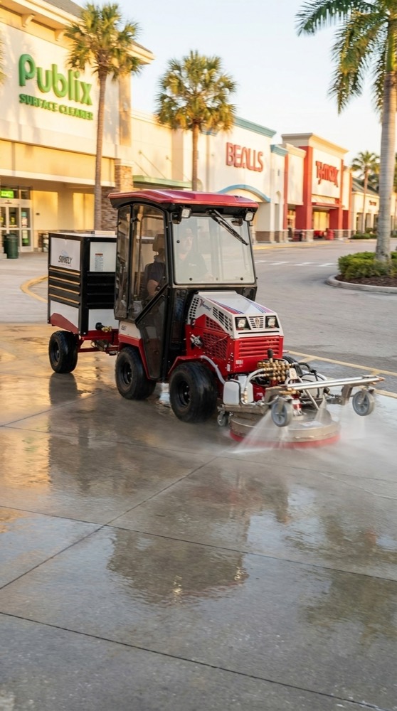 Ride-on surface cleaner washing a commercial parking lot next to clean walkways