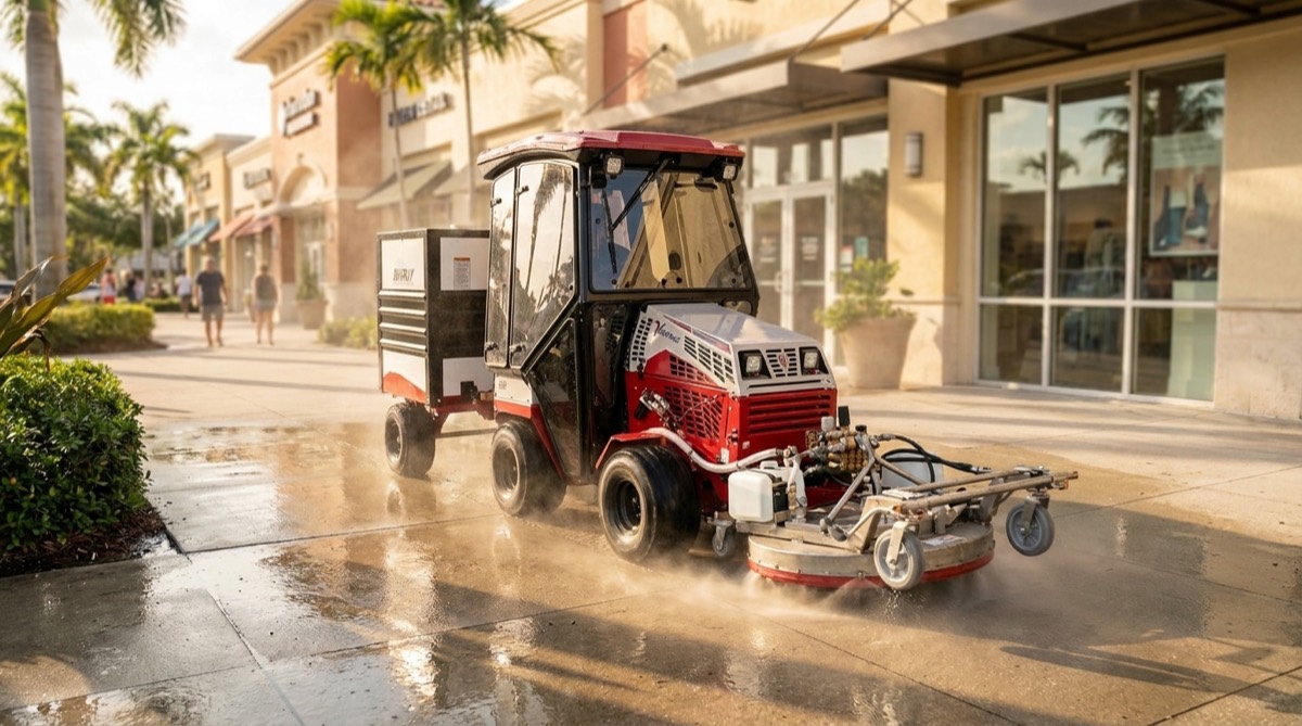 Operator pressure washing a storefront sidewalk so the walkway is clean and slip-safe for pedestrians